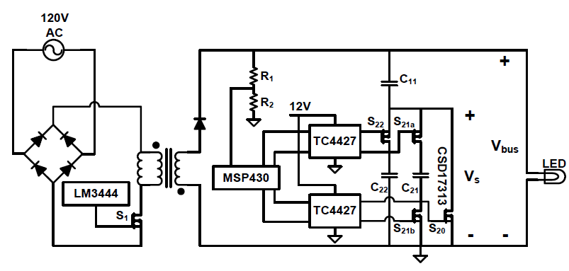 Figure 4-2: Switch, gate-drive and control implementation of the prototype 1-2 enhanced unipolar SSC energy buffer as part of the offline LED driver.