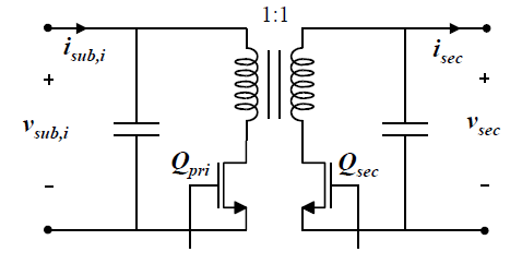 Figure 2.4: Bi-directional yback topology used for the subMIC power stage with MOSFET switches.