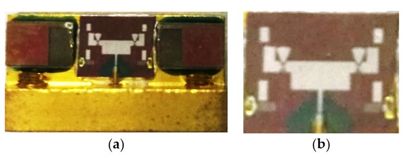 Figure 6. The photograph of the proposed pattern reconfigurable antenna taken by a microscope. (a) The antenna with testing holder. (b) Close-up of the antenna