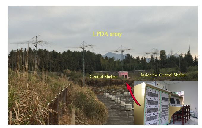 Figure 1. Photo of WIOBSS-AA site showing the log-periodic antenna array. The pink building in the center of the photo is the shelter of the hardware