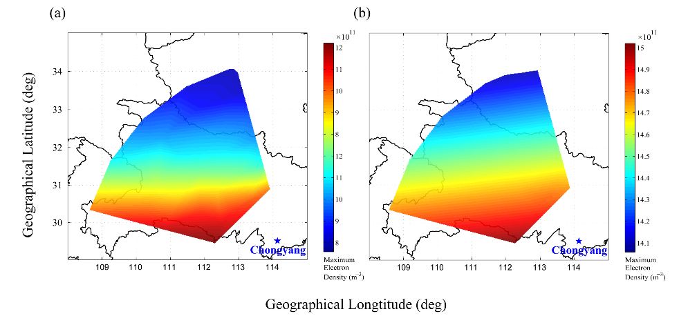 Figure 15. Comparison of the maximum electron density maps between the inversion results obtained from the five two-dimensional ionospheric electron density distributing plots (a) and the IRI-2012 model (b)