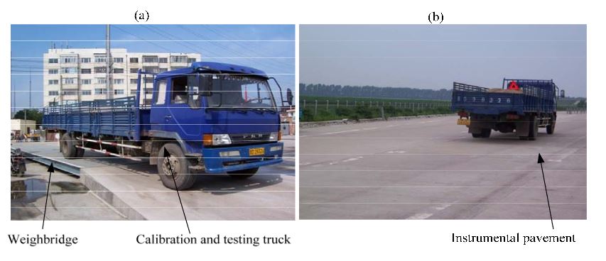 Figure 13. A two-axle truck for calibration and testing (a) vehicle static wheel load on a static whole-vehicle weighbridge; (b) vehicle passing the instrumental pavement 