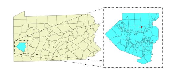Figure 3.1. Location of the ASWP testbed (red dot) in Allegheny County (highlighted in cyan and enlarged), Pennsylvania, USA